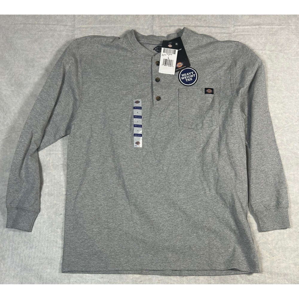Dickies Mens Long Sleeve Heavyweight‎ Tee Shirt Gray Size L Pocket Henley New